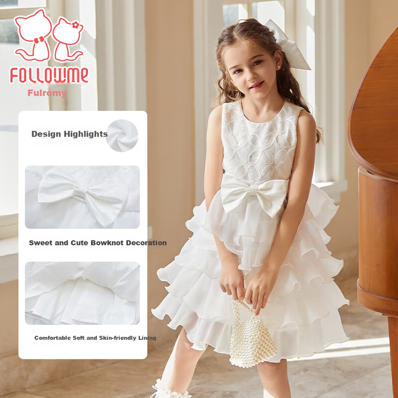 Follow Me Girls' Summer Sleeveless Sweet Princess Dress Birthday Performance White 120