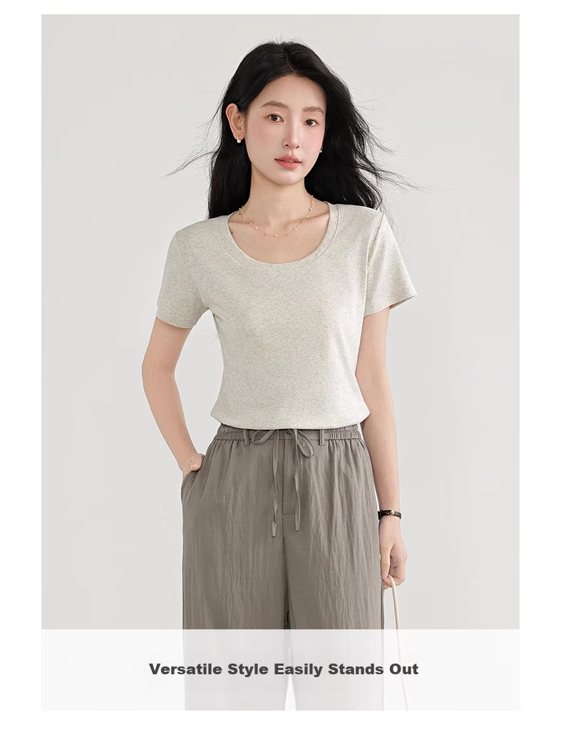 Woodpecker Solid Color Short Sleeve Women's T-Shirt 2025 Summer New Round Neck Regular Shoulder Fashion Casual Versatile Top Black M 3