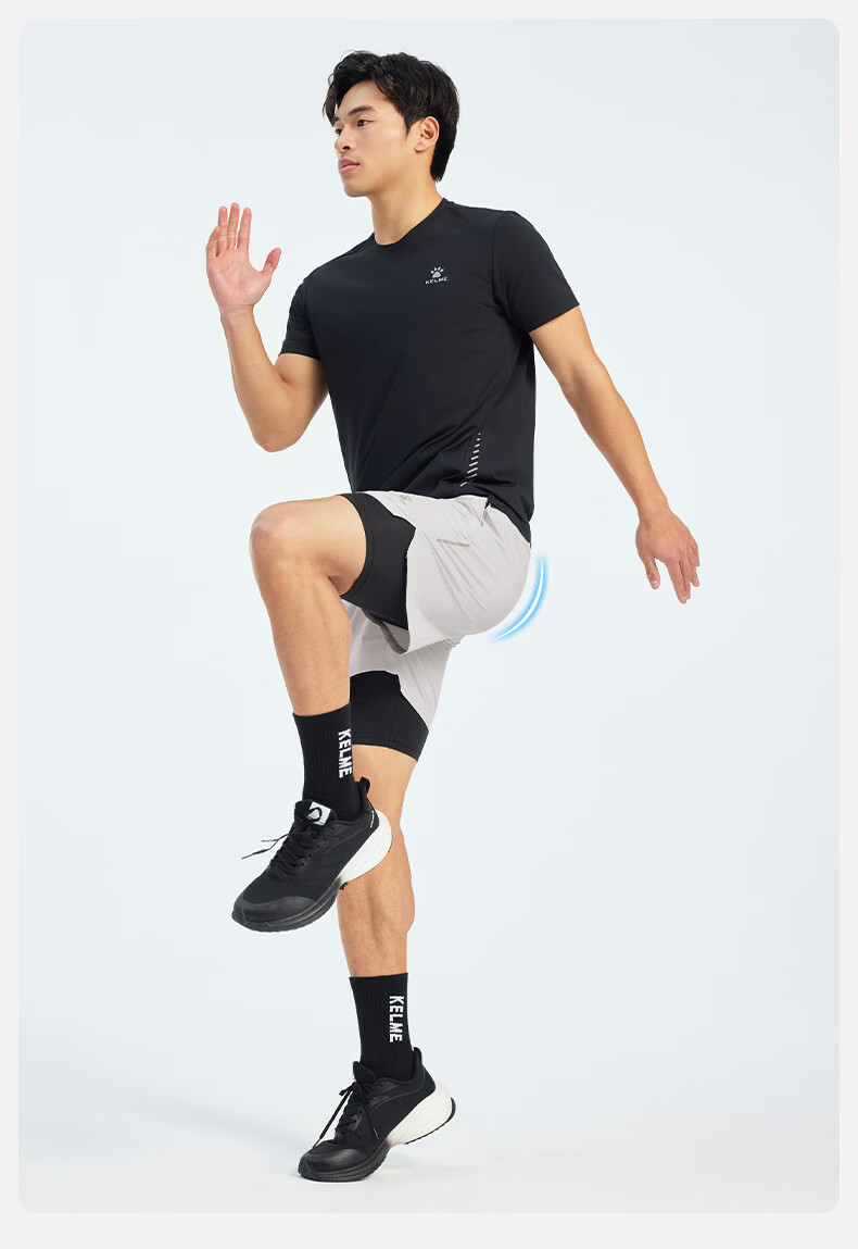 KELME Quick-Dry Men's Running Training Fitness Compression Antibacterial Two-in-One Sports Shorts Agate Black S 9