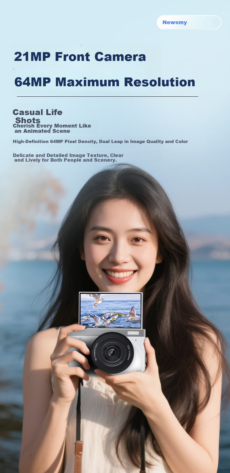 Newsmy N8 Digital Camera Student CCD Flip Screen Selfie HD Pixel Campus Photography Travel Entry-Level Mirrorless Beauty Filter Girls Birthday Gift 64G+Wide Angle Lens 9