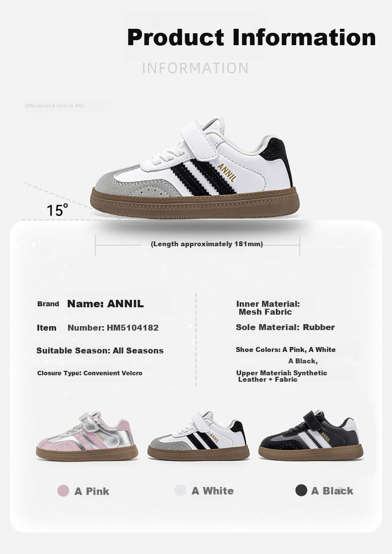 ANNIL Boys Black Sports Shoes 2026 Spring Soft Sole Lightweight Low-top Sneakers Children's Training Shoes 4182 White Size 37 3