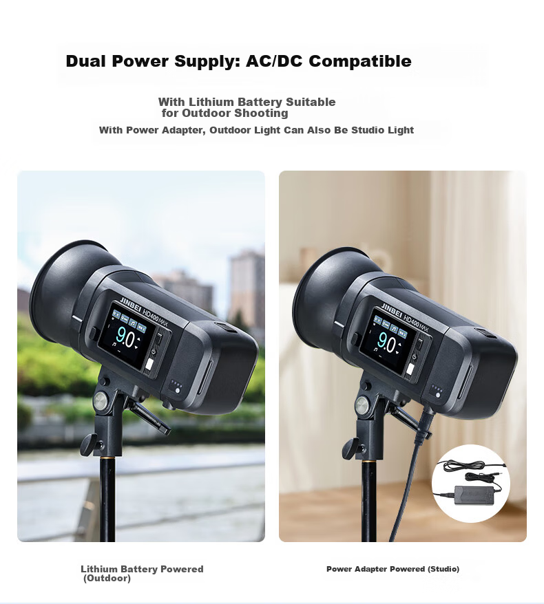 JINBEI HD400MAX Portable Outdoor Flash 400W Upgraded Handheld Lithium Battery Photography Light High-Speed Sync TTL Auto Metering Built-in Wireless Receiver Bilingual Touch Screen 4