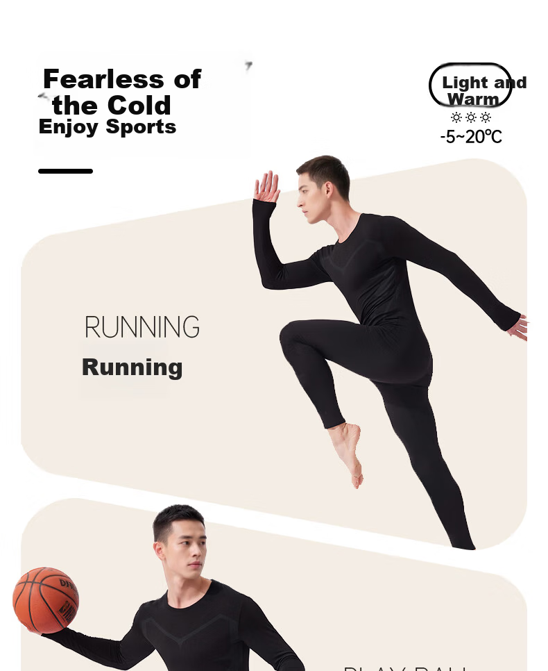 Bejirong Men's Thermal Underwear Sports Compression Quick-Dry Fleece-Lined Autumn Winter Heat Retention Cold-Resistant Set 5