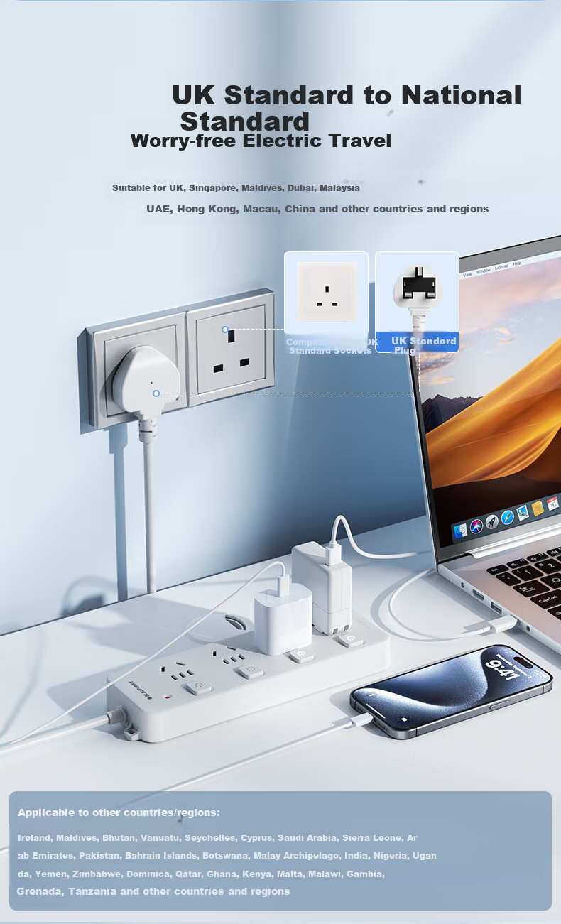 BLAUPUNKT British Standard Power Strip with UK Travel Adapter, 4-Socket Surge Protector with Individual Switches, 1.8m Cable, Compatible with Switch 2, for Hong Kong, Macau, UK, Singapore, UAE, Maldiv 3