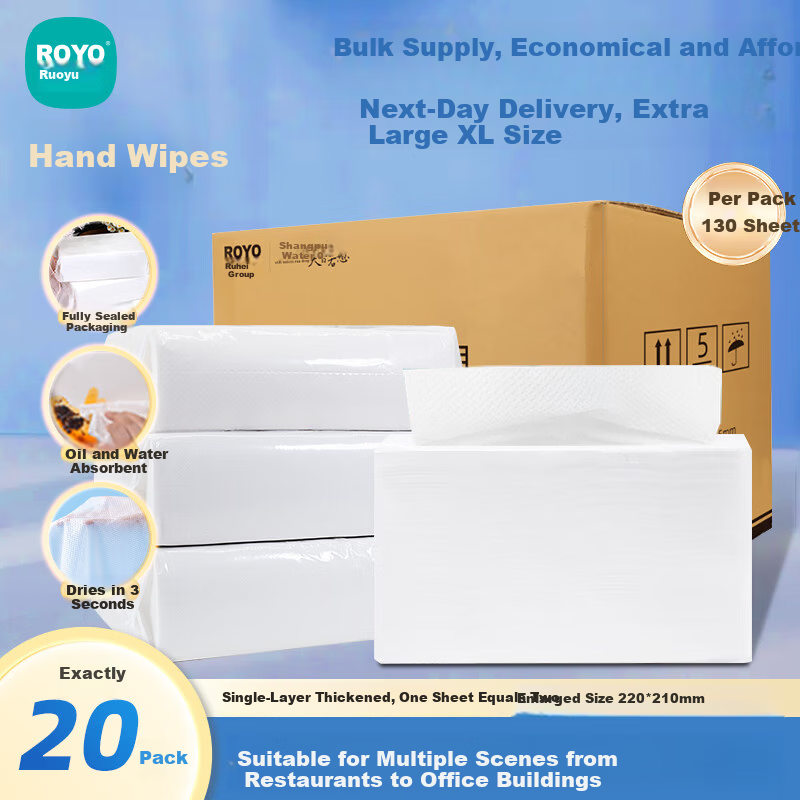 Ruoyu Commercial Hand Paper Bathroom Facial Tissue 1-Ply 130 Sheets * 20 Packs Absorbent Oil-Absorbing Hotel Kitchen Bulk Wholesale