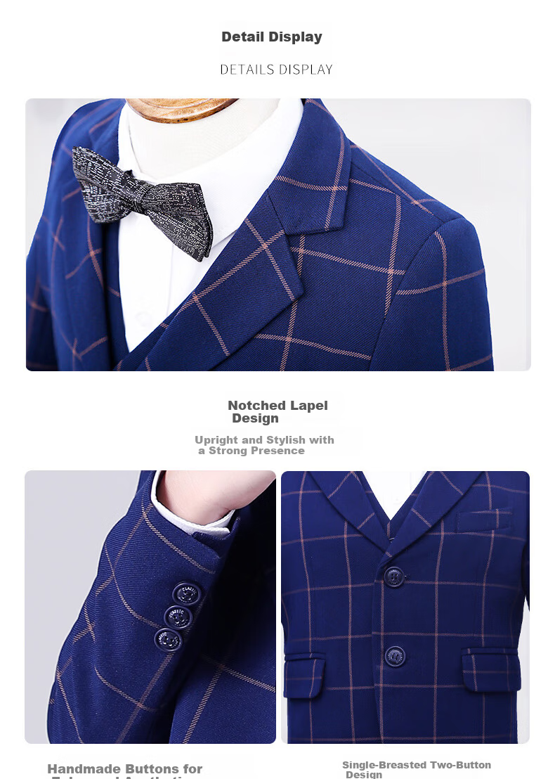 Romon Children's Suit Vest Set Boys Host Formal British Style Flower Boy Piano Performance Navy Plaid 130 13