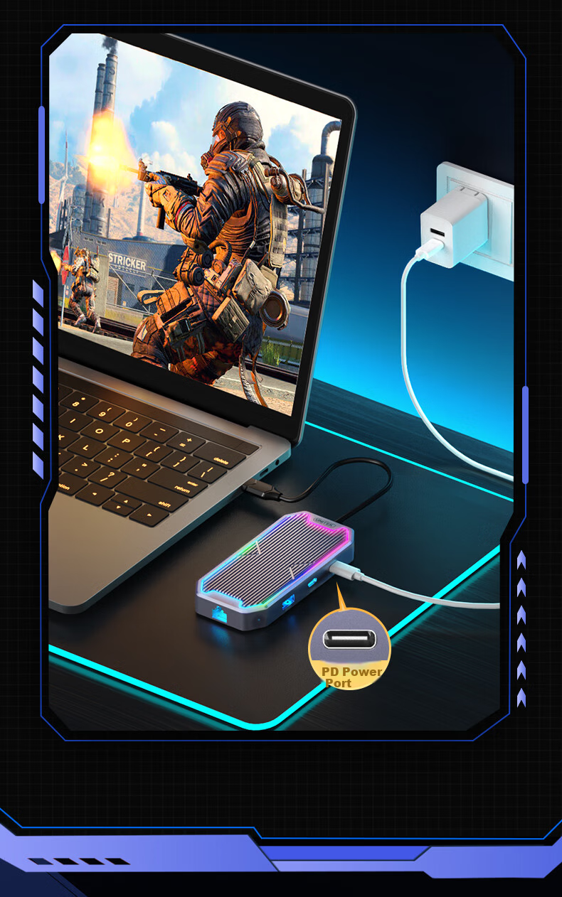 YOYOTER USB-C Gen2 10G High-Speed HDMI 4K/60Hz Gigabit Ethernet RGB Lighting Docking Station Universal for Laptop Phone Tablet 16