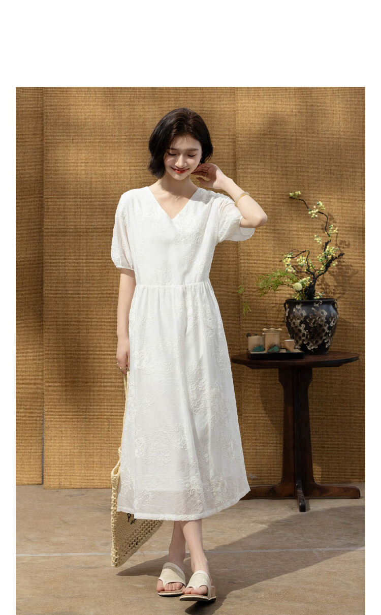 Demana Gentle Commuting Summer Lady Style Round Neck Mid Sleeve Embroidered Loose A-Line Slim Dress Women Premium Feel 11
