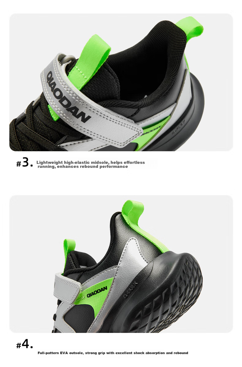 QIAODAN Boys Running Shoes Children's Leather Velcro Sports Shoes Autumn Winter Big Kids Black/Silver Size 40 16