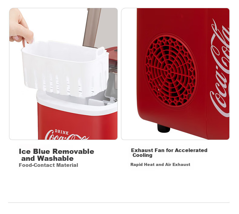 Coca-Cola Home Use Small Fully Automatic Ice Maker with One-Touch Cleaning, Adjustable Bullet and Large Ice Cubes, Mini Dormitory Ice Machine 1.1L 19