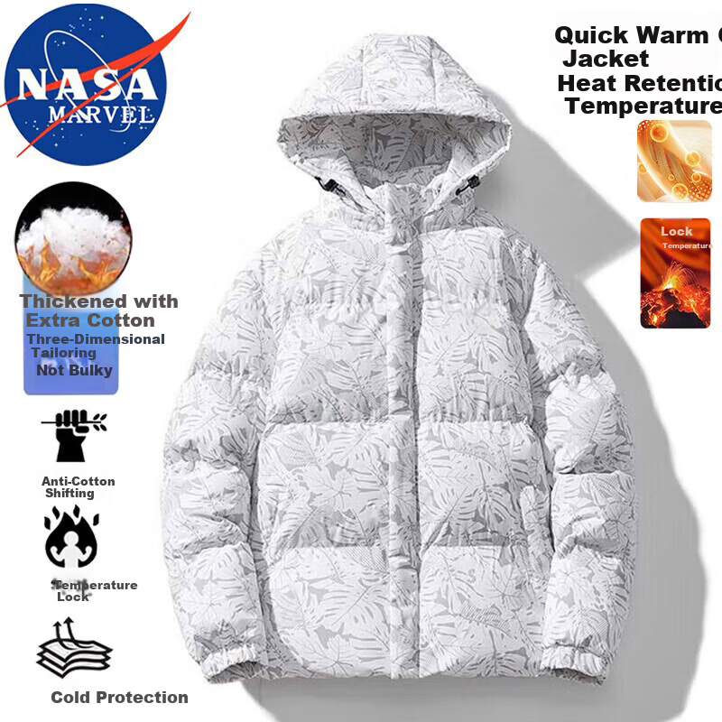 NASA MARVEL Men's Winter Padded Cotton Jacket Fleece Lined Thickened Hooded Outdoor Casual Trendy Coat