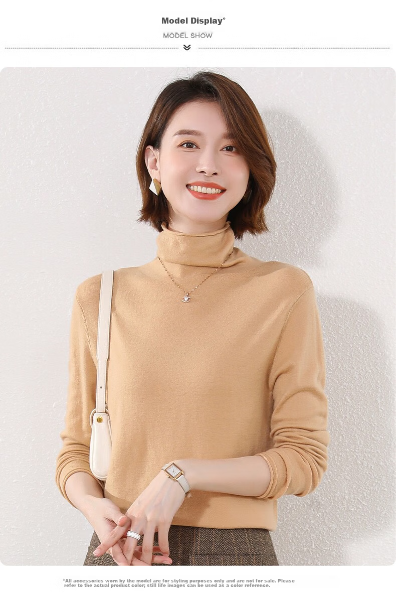 Hengyuanxiang 100% Pure Wool Women's Sweater Autumn Winter Turtleneck Thin Fashion Casual Knitwear Versatile Base Shirt Top 10