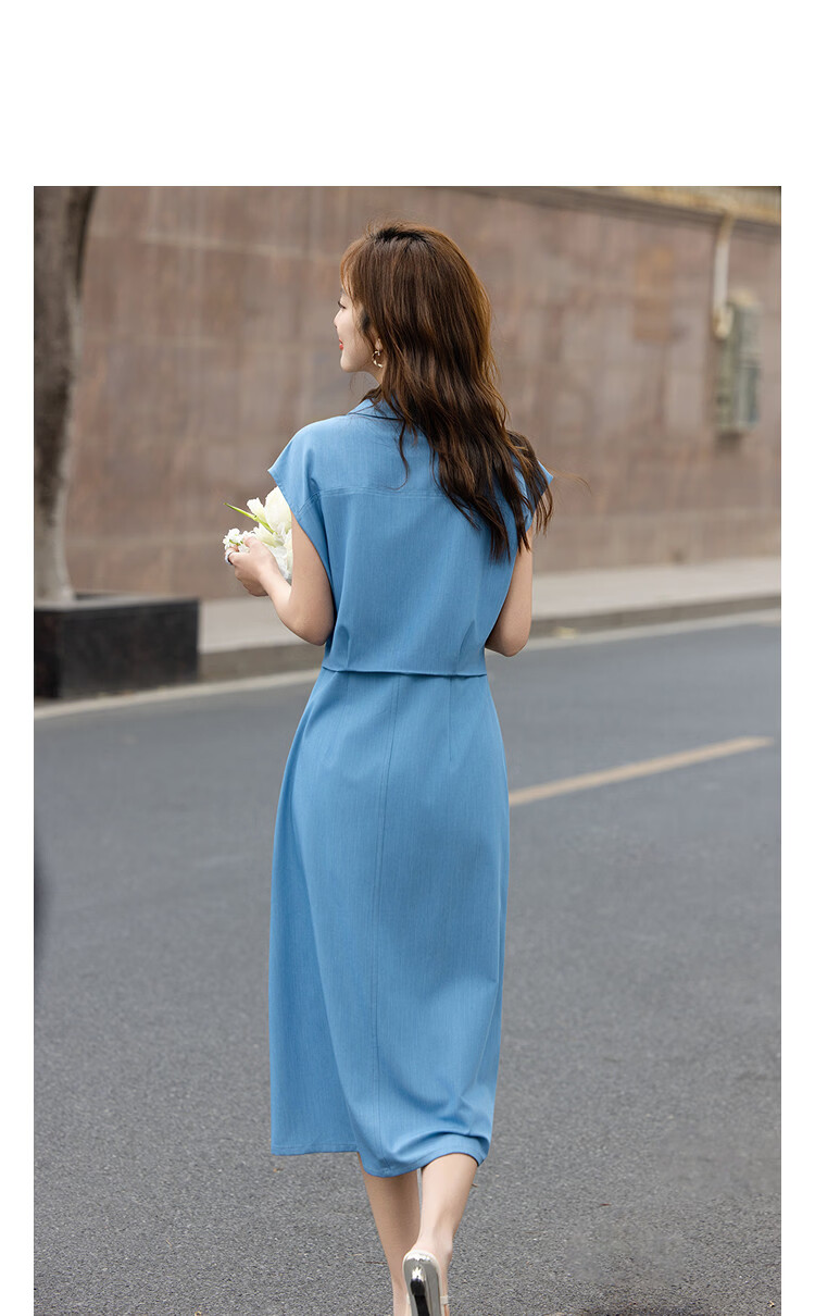 Demana [Dreamy Blue] Summer Elegant Lapel Sleeve Pleated Waist Slimming A-Line Dress for Women High-End Feel 11