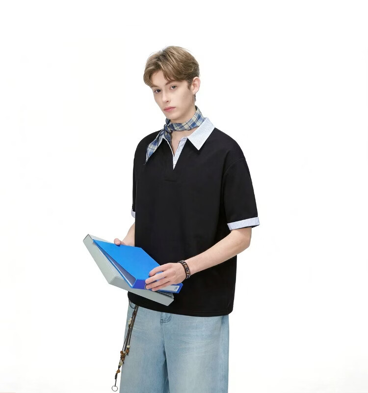 ICH MODE Intellectual High IQ Fake Two-Piece Striped Short Sleeve Polo Shirt Women Summer Couple T-Shirt Black M 9