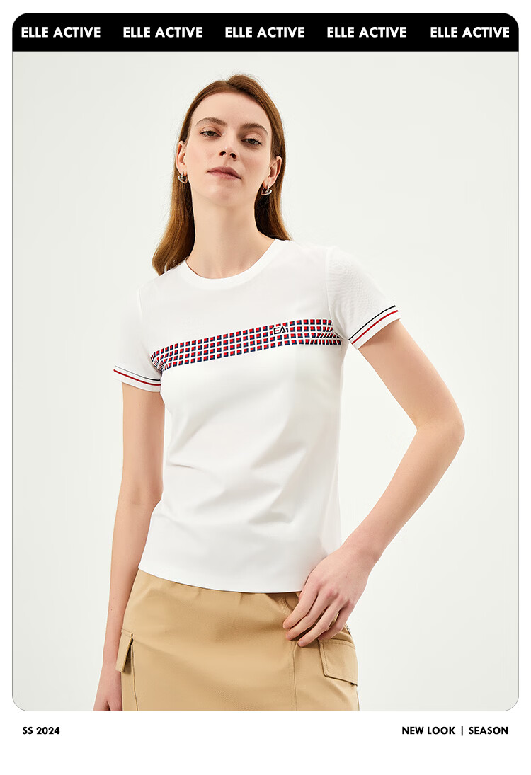 ELLE ACTIVE Casual Colorblock Plaid Short Sleeve T-Shirt Women Summer Simple Versatile Commuter Sports Crew Neck Top White S 4