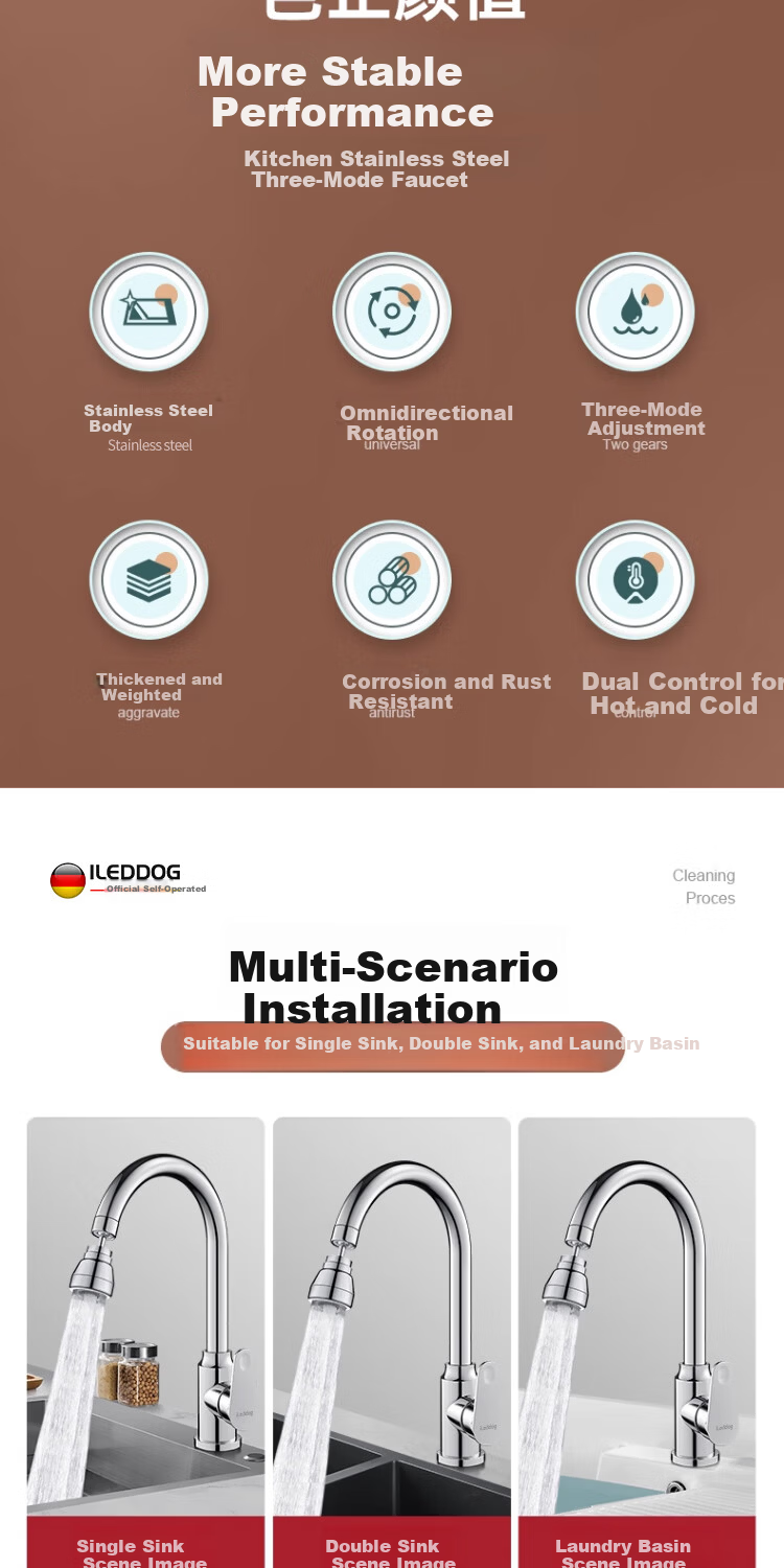 ILeddog [Germany] Kitchen Faucet 304 Stainless Steel Hot and Cold Pressurized Splash-Proof Swivel Vegetable Sink Faucet CFLT-GY2D 2