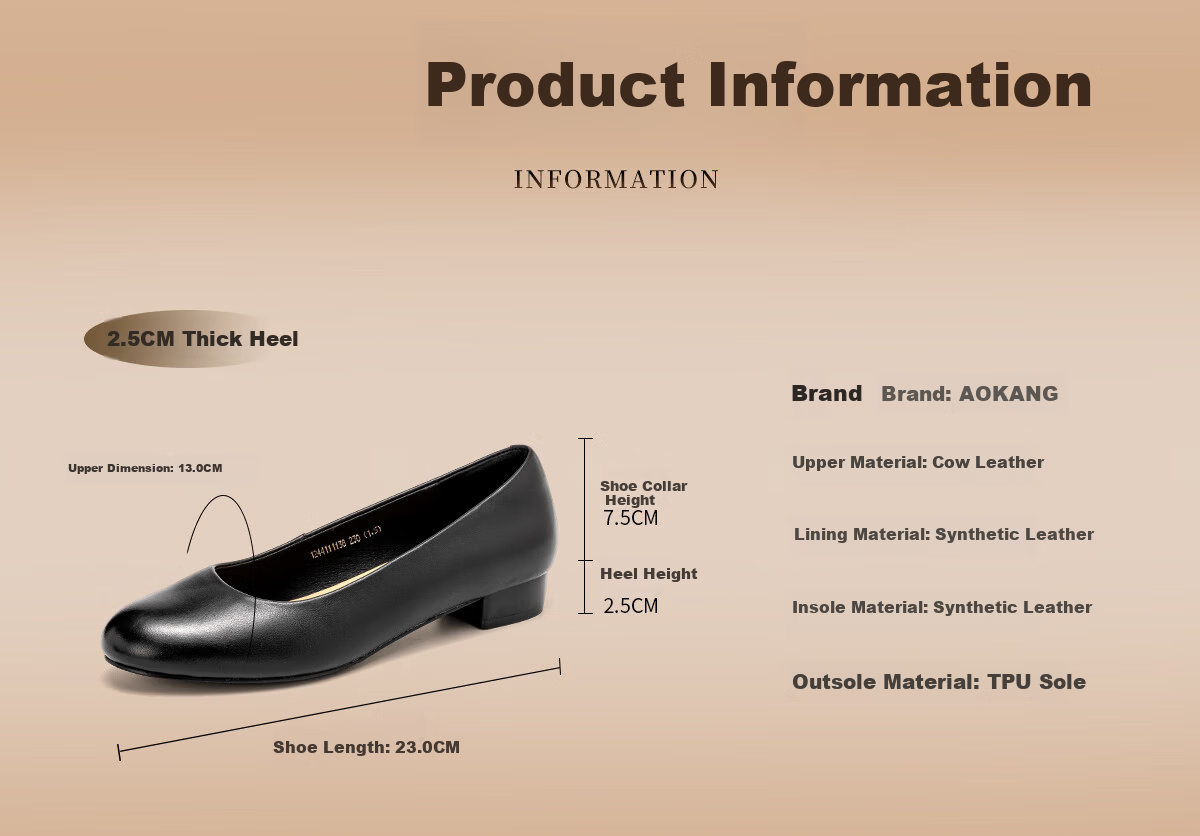 Aokang Official Women's Leather High Heels, Black Thin Heel Professional Work Shoes, OL Pointed Toe Low-Cut Pumps, Size 35 6