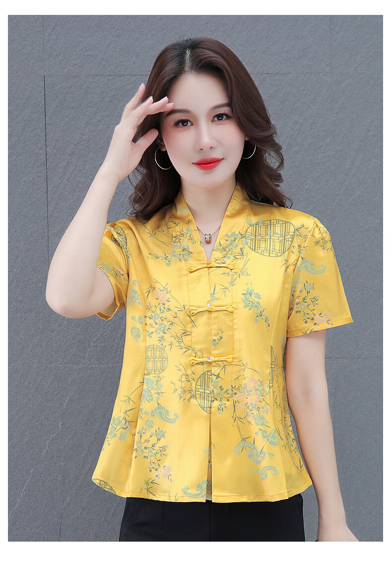 Woodpecker New Chinese Style Short Sleeve T-Shirt for Women Summer New Middle-aged and Elderly Mom Elegant National Style Slim Top Off-White L 15