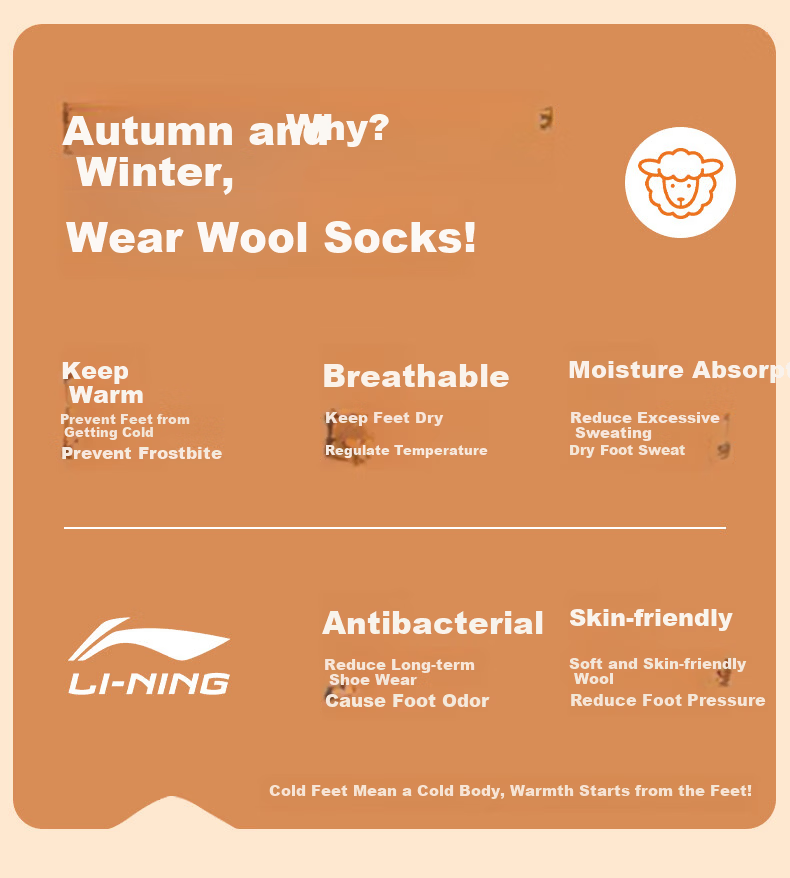Li-Ning Wool Socks Unisex Winter Thermal Insulated Mid-Calf Heated Terry Sports Socks 1