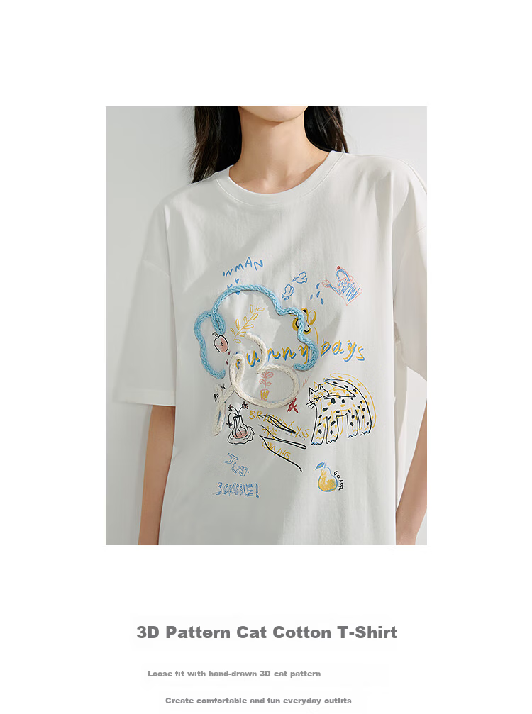 INMAN [Same As in Show] Cotton Cat Print Round Neck Short Sleeve T-Shirt for Women, Summer 2026 Top, Off-White, Size S 12