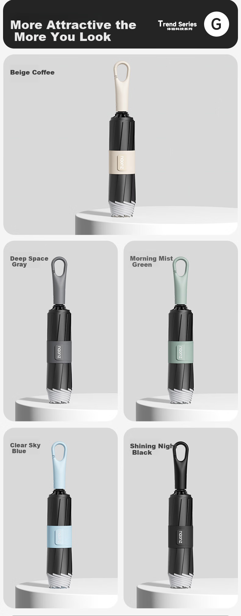 ZUODU Automatic Large Reinforced Thickened Men's and Women's Black Coating Reverse Umbrella with Ring Buckle for Students 19