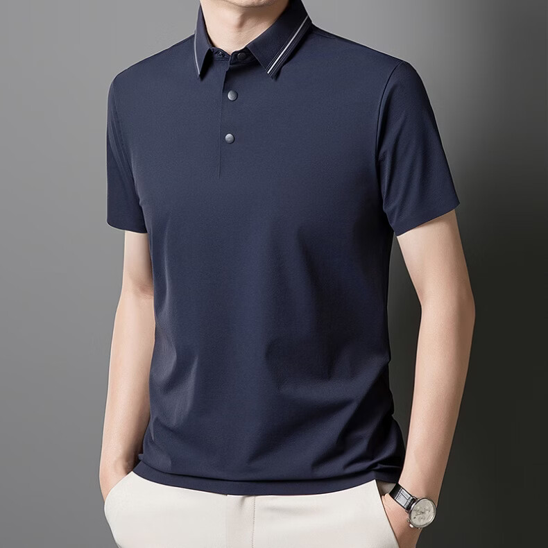 ROMON Men's Polo Shirt Short Sleeve T-Shirt Summer Ice Silk Thin Breathable Business Cool Top Piano Black 3XL 15