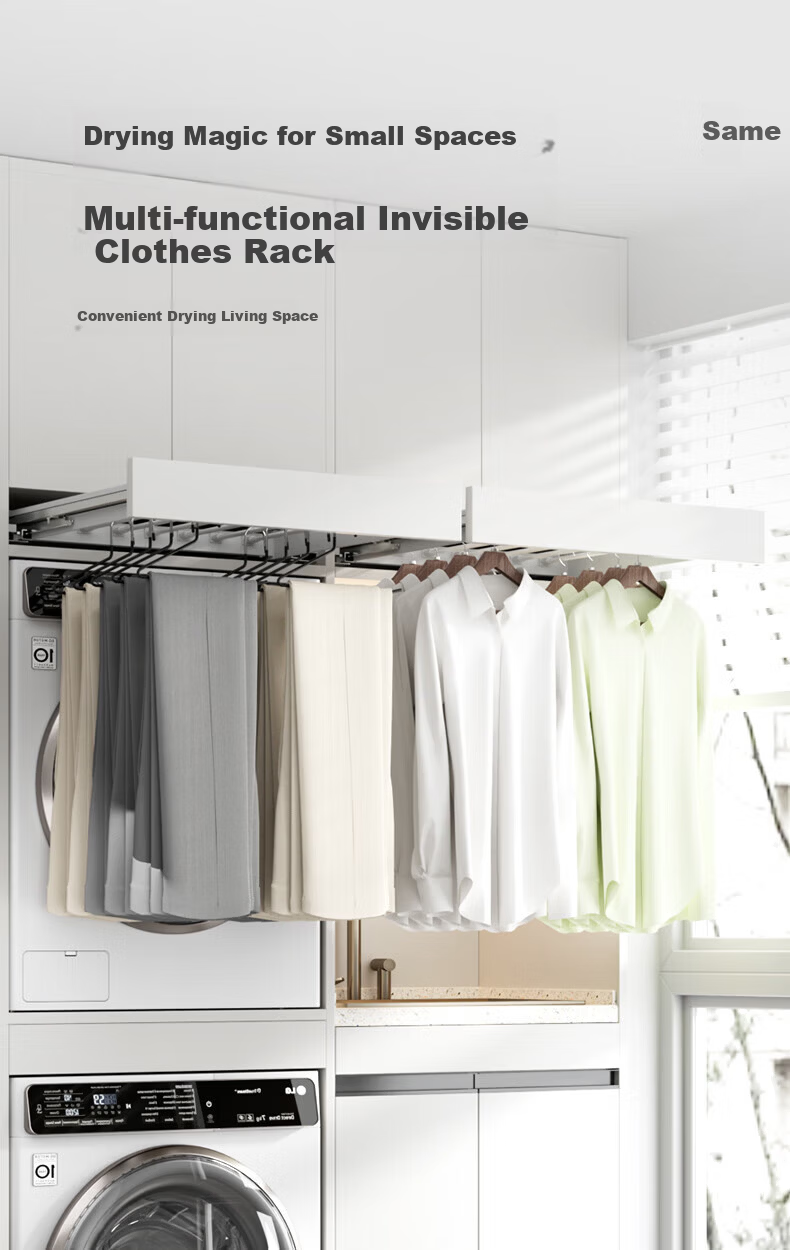 Cobbe Washing Machine Invisible Retractable Clothes Drying Rack with Damping, Top Panel Addable, Balcony Clothes Rack, Model 48, Gray 2