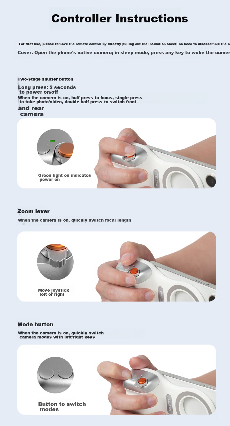 TELESIN Mobile Photography Handle Master Imaging Handle Magnetic Phone Stabilizer Handheld Camera Grip Compatible with Apple Huawei Xiaomi Bluetooth Infinite Zoom Anti-Shake Assistant 17