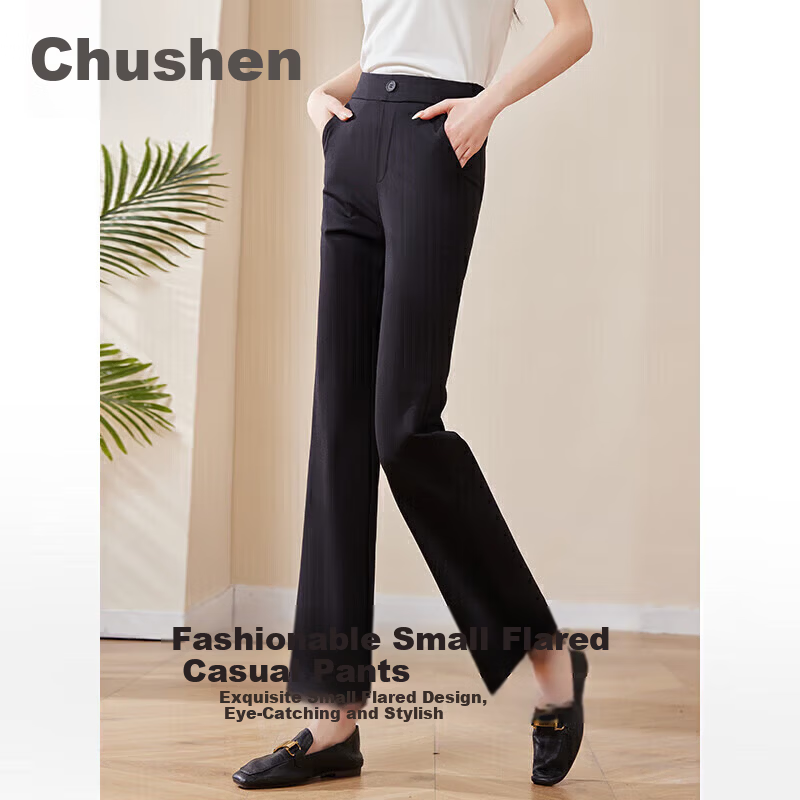 Chushen Spring Autumn Women's Casual High Waist Fashion Slim Fit Flared Suit Pants S141K2006 Black L