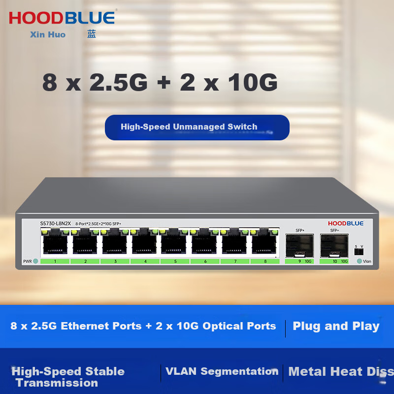 Xinhhuolan Hoodblue 2.5G High-Speed Ethernet Switch 8-Port 2.5G+ Dual 10G Optical Ports Plug and Play Network Splitter Compatible with Hoodblue NAS Dongle S5730-L8N2X