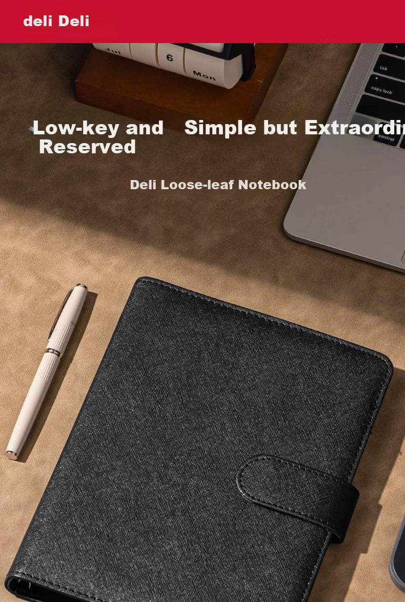 Deli 25K 100-Sheet Notebook Refillable Loose-Leaf Leather Cover 233x178mm Black 3151 1