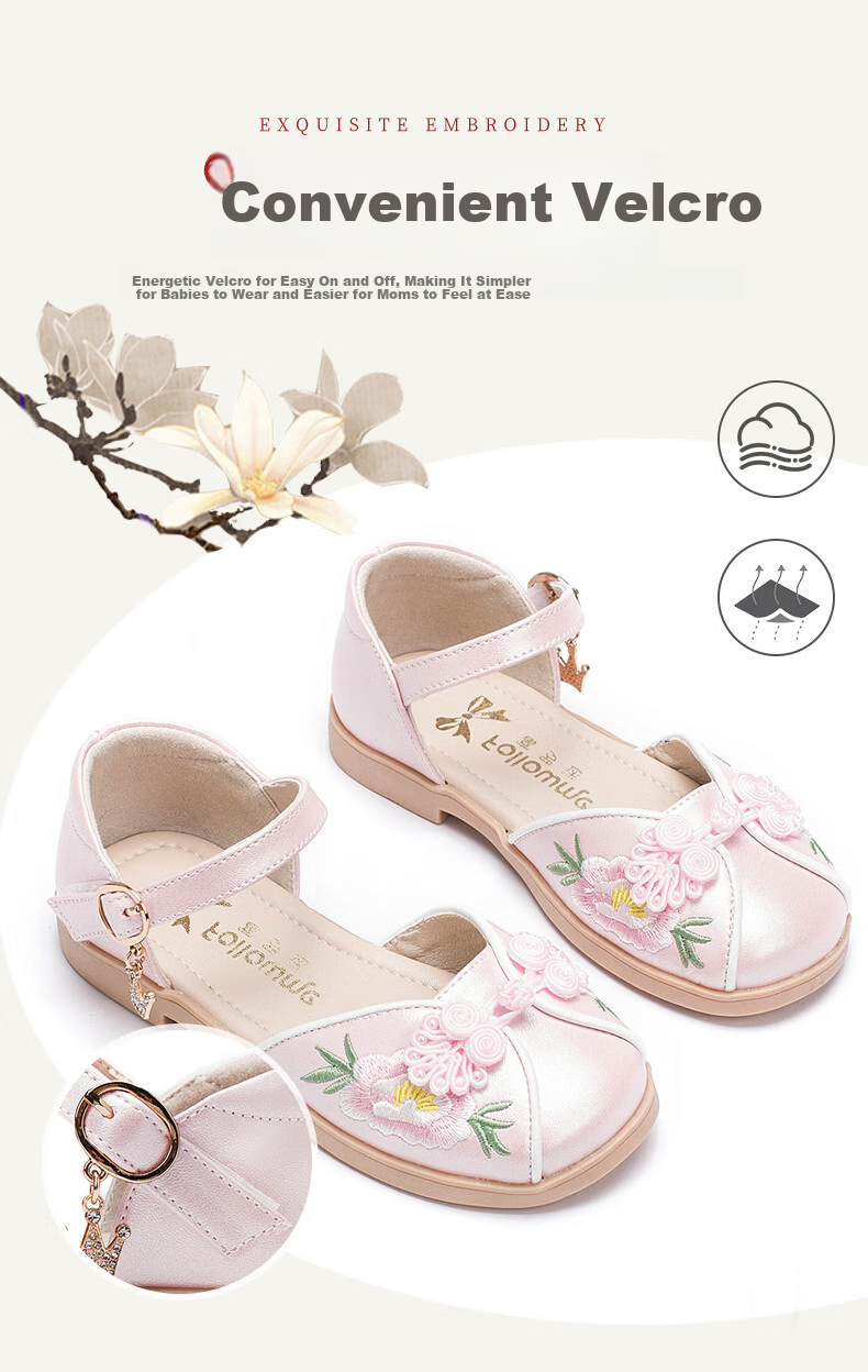 Fulomi Girls Summer Sandals Traditional Chinese Embroidered Hanfu Soft Sole Closed-Toe Princess Shoes Pearl Pink Size 31 6