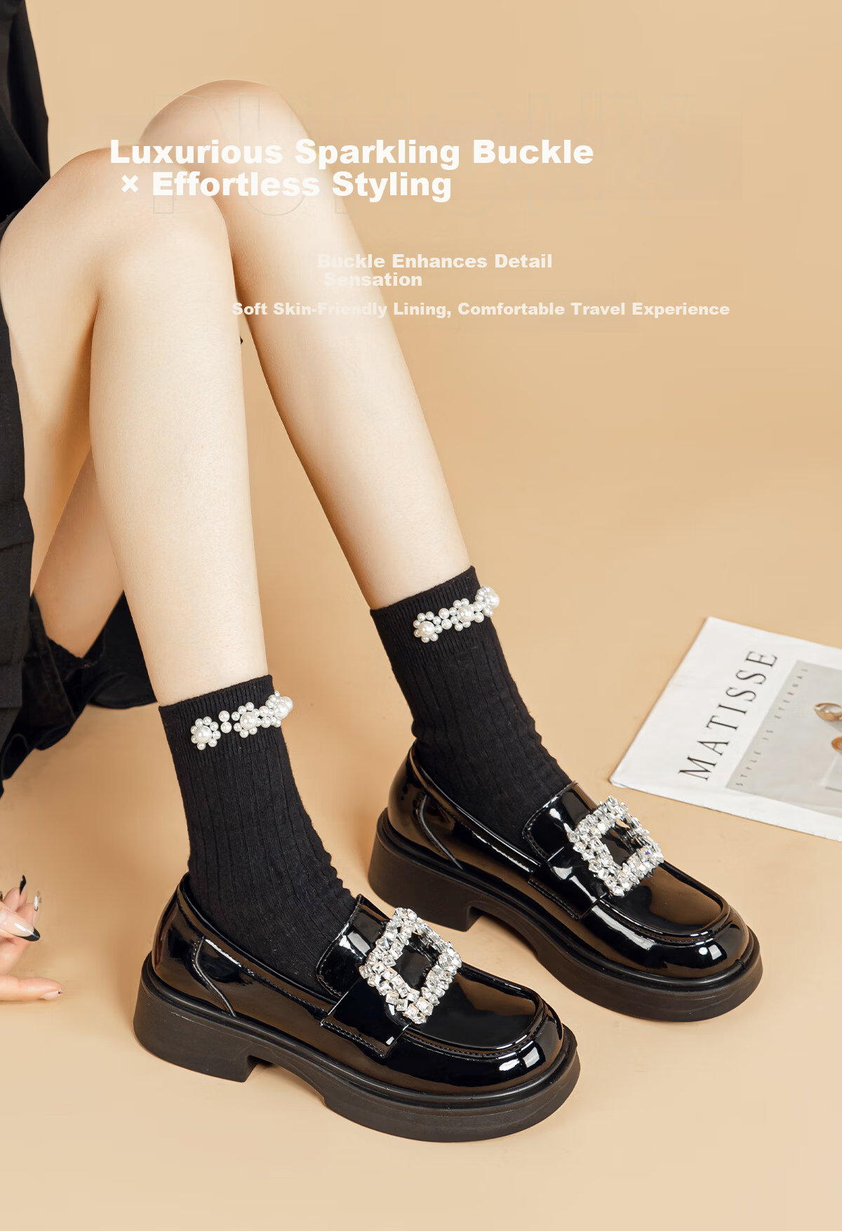 Huili Thick-Soled Loafers for Women, New Spring Style, Super Popular French Hepburn Shiny Mary Jane Leather Shoes, Black, Size 39 11
