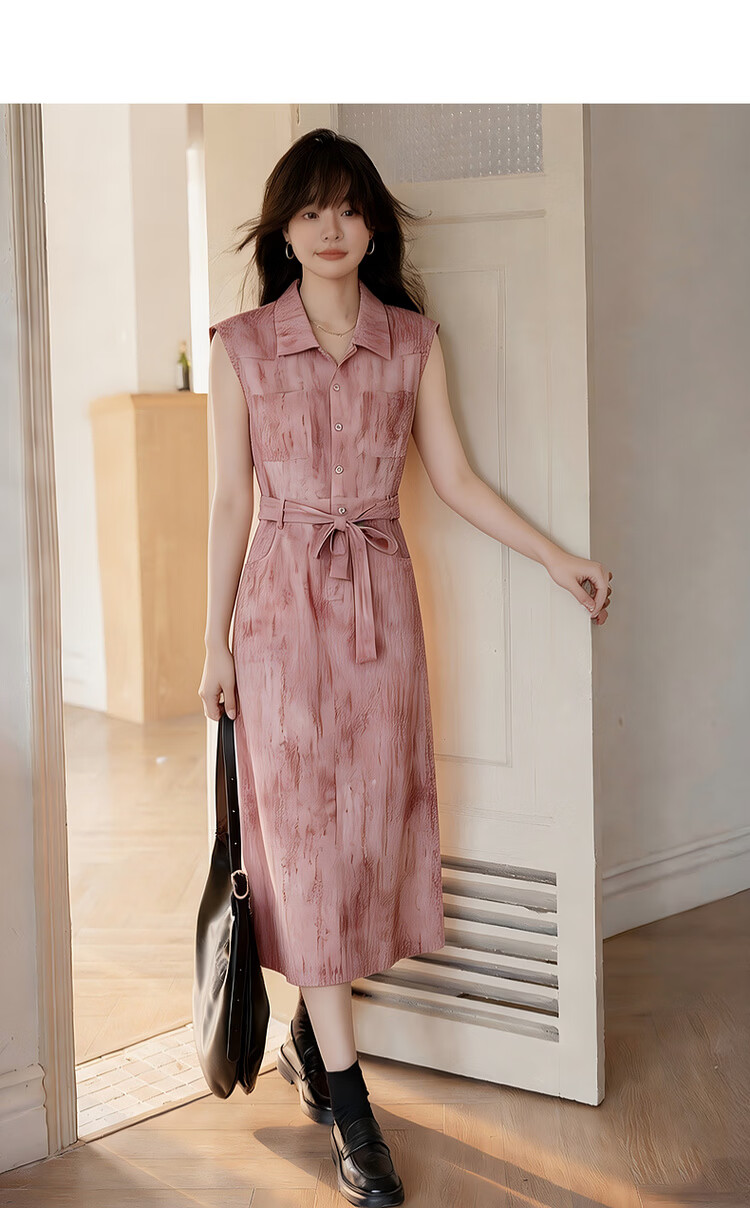 MT Elegant Urban Summer Commuter Gradient Texture Lapel Half-Placket Sleeveless Waist-Slimming Women's Dress 5