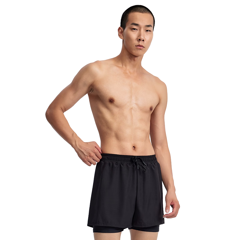 JEEP Men's Swimwear Adult Double-Layer Quick-Dry Vacation Swimming Set Black Three-Piece M