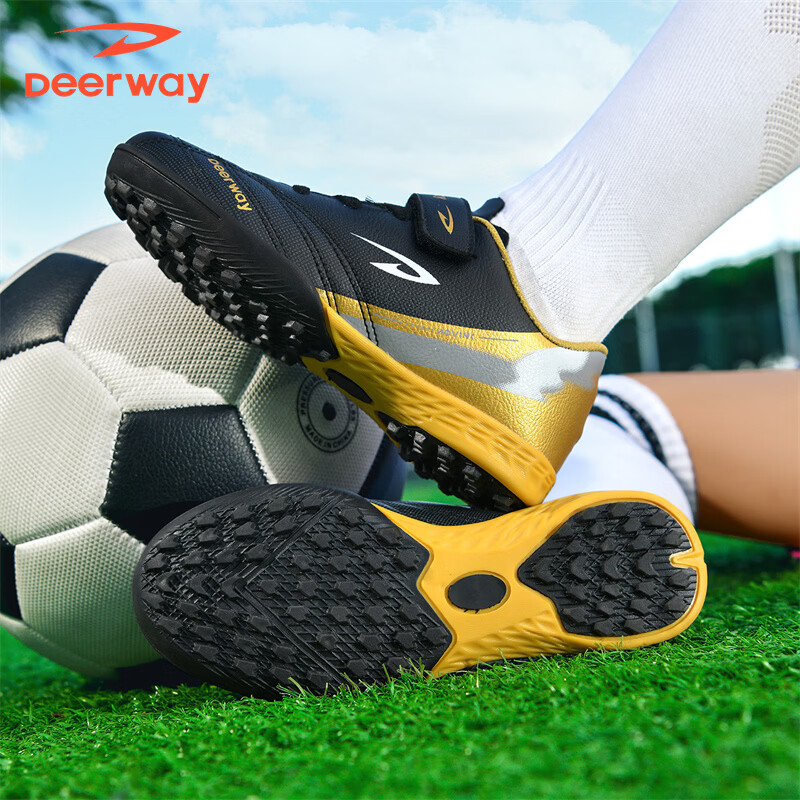 DEERWAY Kids Soccer Shoes Studded Cleats for Boys and Girls Ages 6-12 Non-Slip Durable Training and Match Shoes Black Gold Size 35