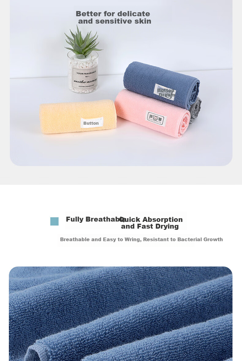 Grace Pure Cotton Grade 3 Antibacterial Towels 2-Pack Combed Cotton Unisex Face and Bath Towels 90g Blue+Gray Sports 6