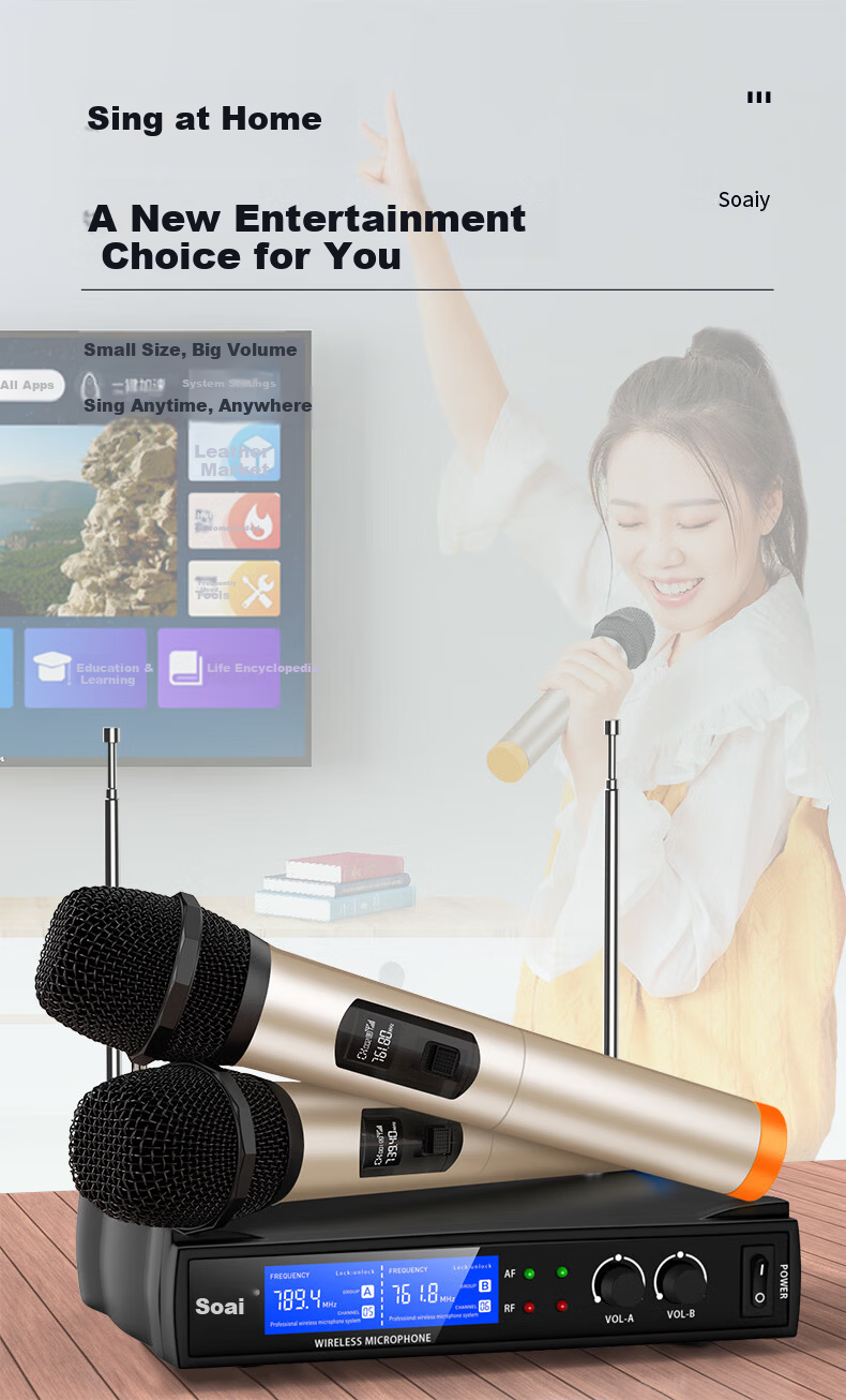 Soaiy Professional Wireless Microphone System with Two Handheld Mics, Frequency-Adjustable Karaoke Microphones for Home, Stage, KTV, Singing, Weddings, Meetings, Professional SA-WK13(B) [Headset] 8