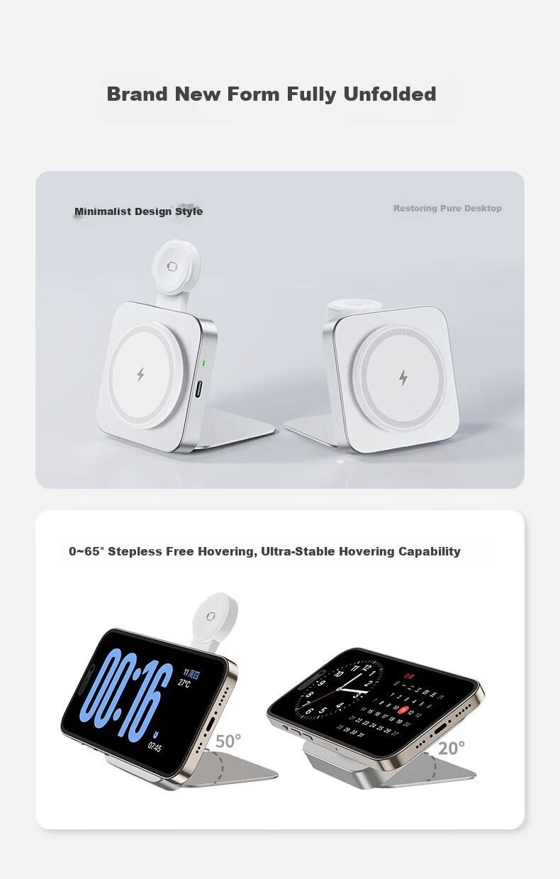 ESCASE Wireless Charger 2-in-1 Foldable Magsafe Magnetic 15W Fast Charging for Apple Watch and iPhone 16 Pro Max Huawei Mate 70 Pro Glacier Gray 2