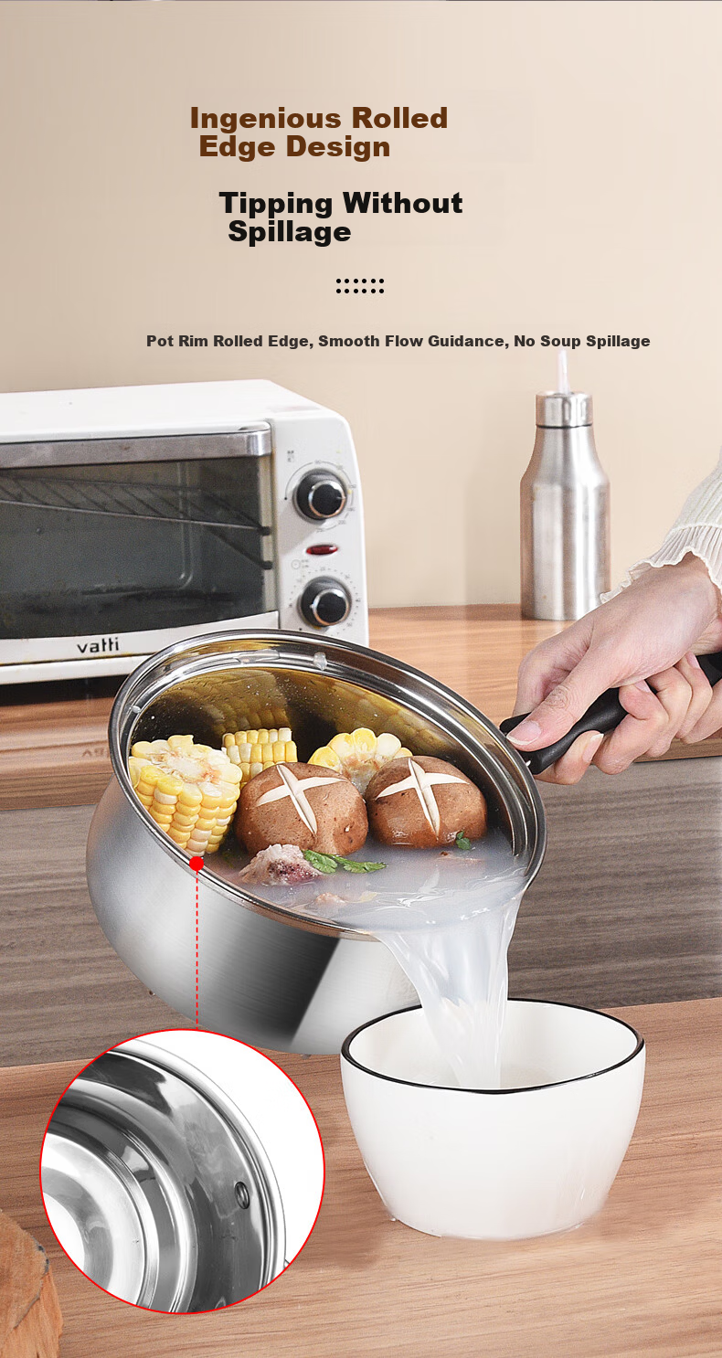 BSITN 20cm Stainless Steel Milk Pot with Steamer Thickened Small Soup Pot Non-Coated Milk Heating Pot Gas Stove Compatible 3618 7