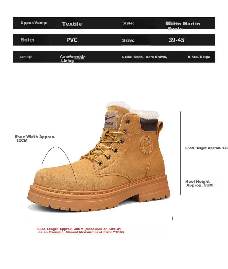 Huili Men's Martin Boots, 2025 Autumn And Winter New Style Men's Hiking Fleece-Lined Snow Boots, Warm Cotton Shoes, Khaki, Size 41 6