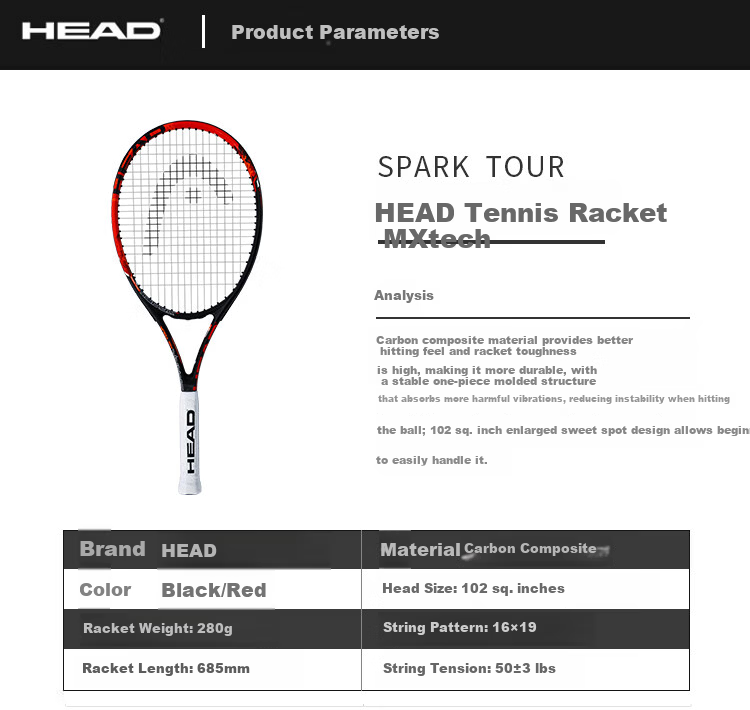 HEAD SPARK MX Tennis Racket Professional Beginner Training Carbon Composite Unisex Black Red with Tennis Grip and Vibration Dampener 3