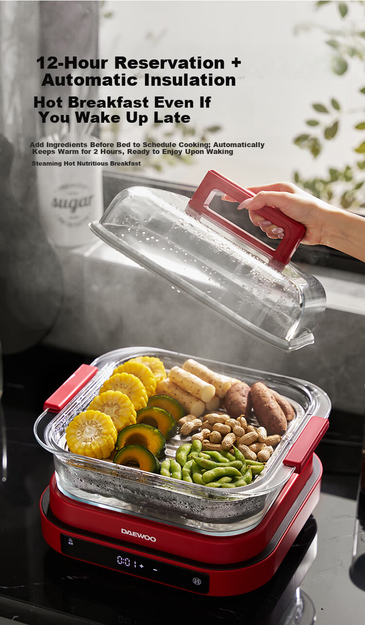 DAEWOO Wanshi Electric Steamer Thickened High Borosilicate Glass Multifunctional Stew Steam Cook 3-in-1 Steam Pot Grill Hot Pot Stainless Steel S31 Red 19