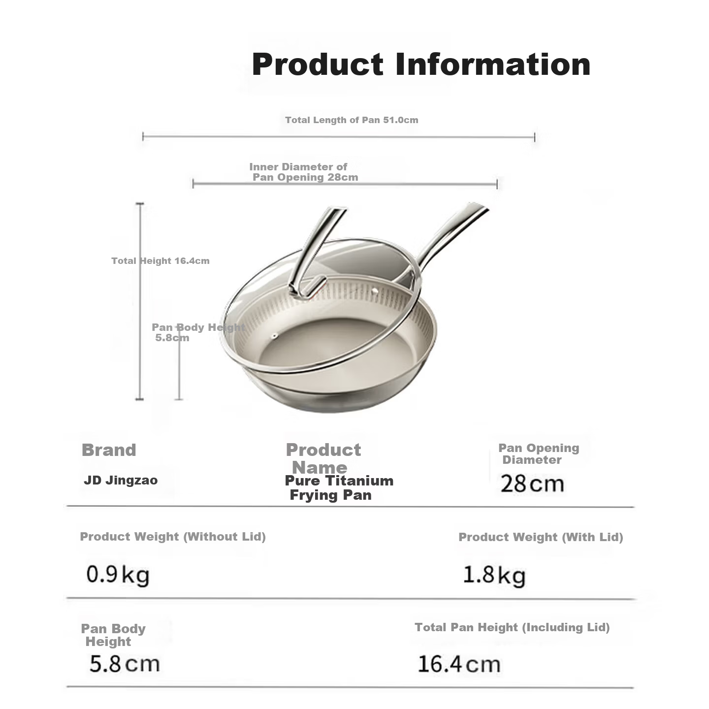JD Jingzao Titanium Pure Titanium Flat Bottom Pan [Million Micro-Pores Non-Stick] Frying Pan Stir-Fry No Coating Gas and Induction Cooker 28cm