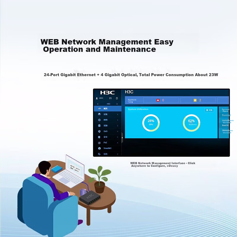 H3C S50005V5-EI Series 24-Port Gigabit Switch with 1m Ethernet Cable, 24-Port PoE + 4 Optical Ports Layer 2 Managed Switch, Enterprise Network Splitter, Rack-Mountable