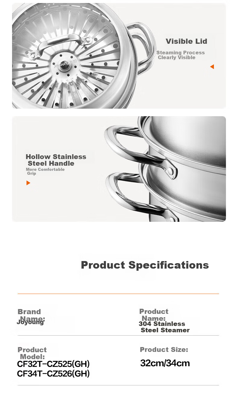 Joyoung 26cm 304 Stainless Steel Multifunctional Steamer for Induction Cooker and Gas Stove, Wooden Steamer Pot, Home Use 9