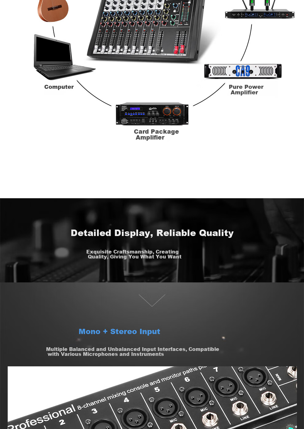 Depusheng DT8 Professional 8-Channel Mixer Stage Performance Video Conference Training Recording Live Singing Reverb USB Bluetooth MP3 Playback Multi-Channel Control Outdoor with Effects Equalizer 9