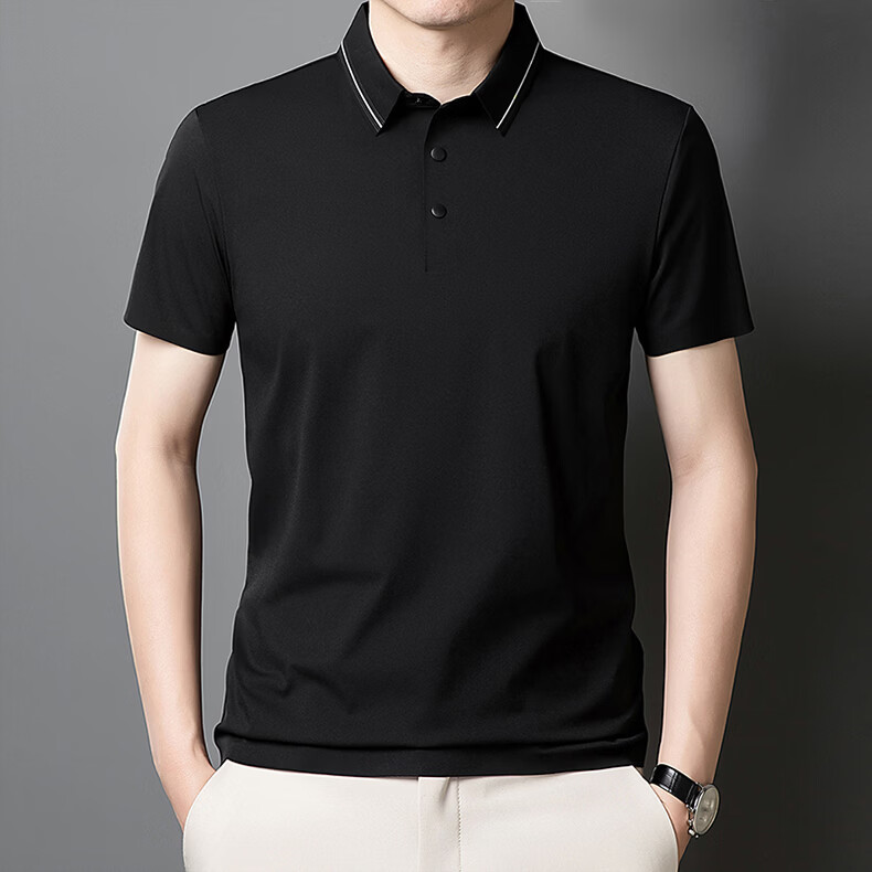ROMON Men's Polo Shirt Short Sleeve T-Shirt Summer Ice Silk Thin Breathable Business Cool Top Piano Black 3XL 3