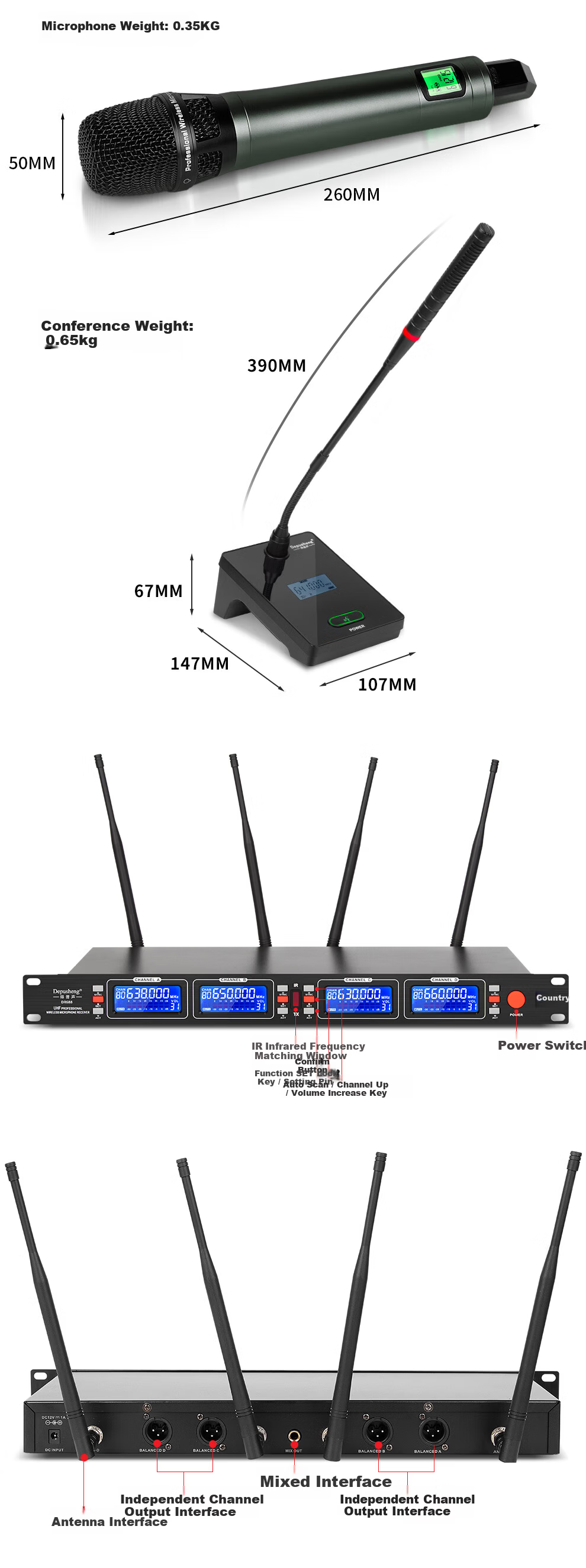 Depusheng DR688 Professional Wireless Microphone System One Transmitter Four Receivers UHF FM Microphone 100m Transmission 200 Channels Anti-Interference for Stage Performance Speech Live Streaming KT 14