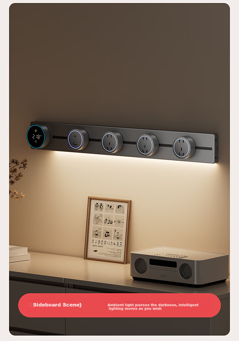 Guojidiangong Track Socket with Display Screen, Wall-Mounted Movable Power Strip, Smart Digital Display Timer Control, Kitchen Sideboard Slide Rail Surface-Mounted Extra-Long Track 100cm Black 11